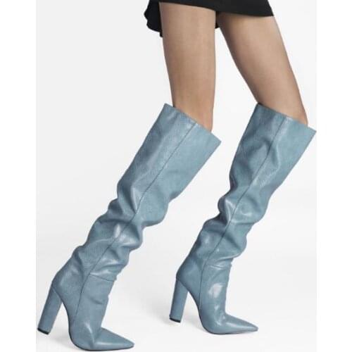 Newest Woman Blue Black Brown Small Snake Skin Knee High Pleated Boots Pointed 11 CM Chunky Heels Slip On Tube Long Boots