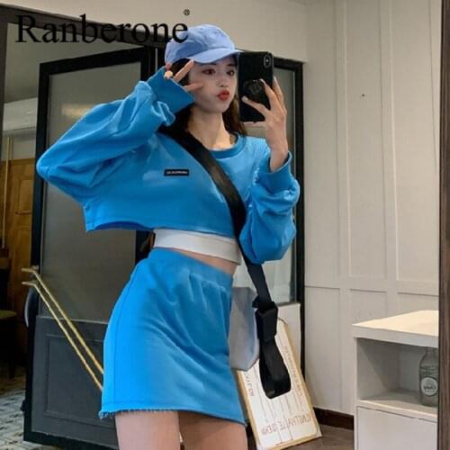 Ranberone Chic 2021 Summer Sexy Sets Outfit Letter Sports Long Sleeved Sweater Tracksuit Women Club Short Skirt Two-piece Suit