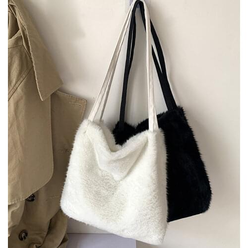 Soft Plush Women Purse Handbags Winter Fashion Girls Student Cute Shoulder Bag Solid Color Ladies Furry Shopping Bag Casual Tote