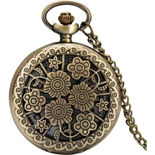Vintage Bronze Hollow Blooming Flowers Pretty Quartz Pocket Watch Necklace Chain Women Flower Pendant Gift Relogio De Bolso