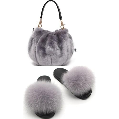 Womens Fashion Pumpkin Fur Bag Winter Ladies New Simple Plush Handbag Cute Furry Fur Slippers Set Fluffy Fur Slides Bag Set Hot