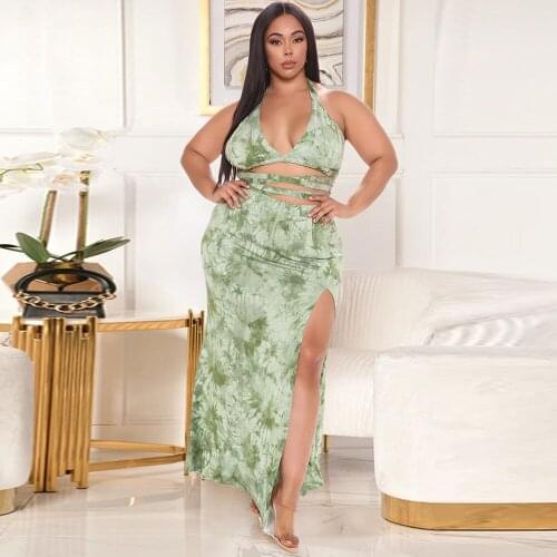 XL-5XL Large Size Green Tie Dye Print 2 Piece Dress Set Women Halter Backless Bandage Crop Top and Side Hight Split Maxi Skirt