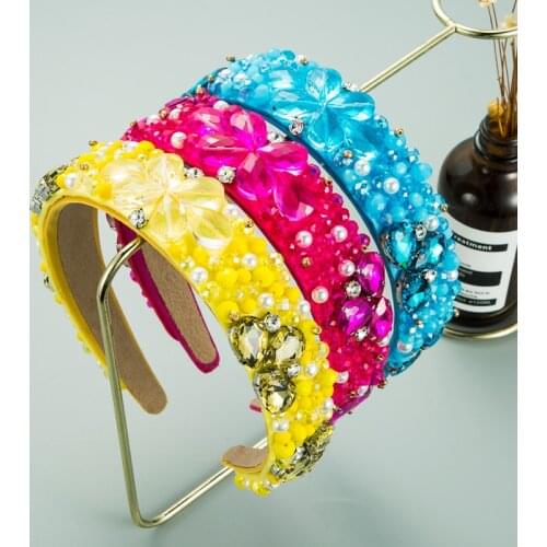 Charm Baroque Colorful Crystal Headband for Lady Vintage Simulated Pearl Bee Solid Color Fabric Hairband Bridal Wedding Headwear