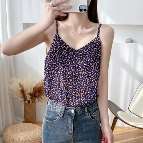 2021Spaghetti Strap Top Women Halter V Neck Basic Cami Sleeveless Satin Silk Tank Tops WomenS Summer Small floral Camisole