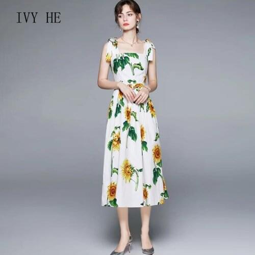 IVY HE Holiday Summer Womens Dress 2021 Fashion New Square Neck A-line Lace Up High Waist Printed Sunflower Suspender Dress