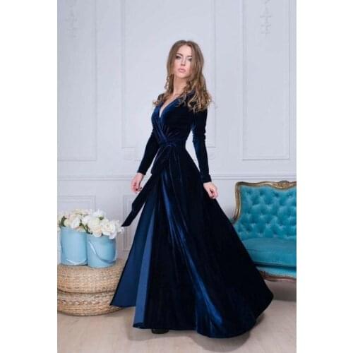 Vkbridal Elegant V-Neck Long Sleeve Velvet Prom Dresses Mermaid Navy Blue Party Dresses Zipper Back Formal Evening Gowns