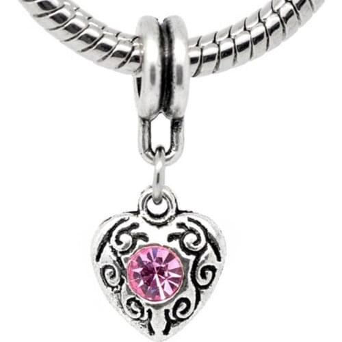 100pcs Zinc Alloy Pink October Birthstone Heart Pendant Bead For European Style Charm Bracelet 24 mmx10mm 3 Color Select