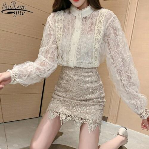 2021 Korea Retro Palace Style Romantic Lace Stitching Stand-collar Pearl Button Shirt Top Female Long Sleeve Womens Shirt 12929