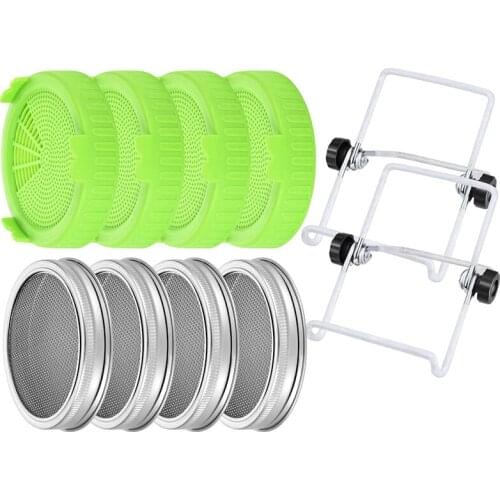 8 Pieces Sprouting Lids Plastic and Strainer Lid with 2 Sprouting Stands for 86 mm Wide Mouth Mason Canning Jars