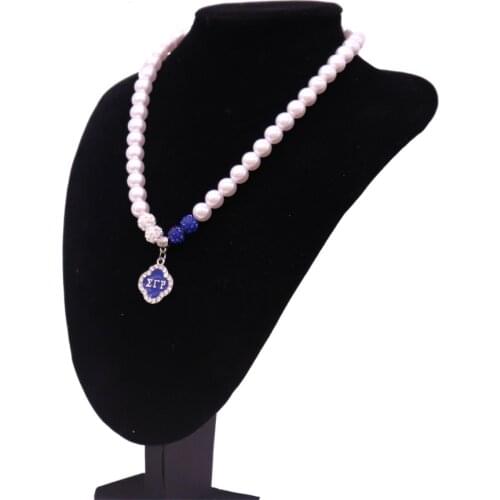 Abadon Blue Enamel White Crystal Greek Letter Sigma Gama Rho Pearl Statement Necklaces Sorority Women Jewelry Handmade Custom