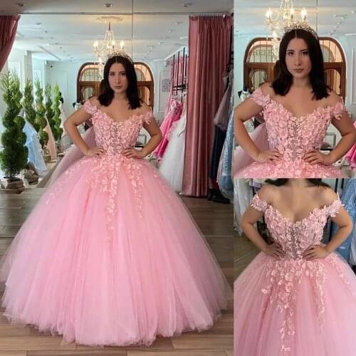Angelsbridep Off-Shoulder Ball Gown Quinceanera Dresses 15 Party Formal Appliques Handmake Flower Tulle Princess Birthday Gowns