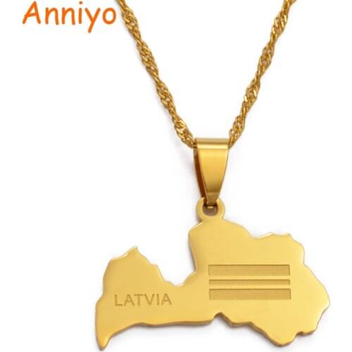 Anniyo Latvia Map & Flag Pendant Necklace for Women Gold Color Latvijas Republika Maps Necklaces Jewelry Gifts #033621
