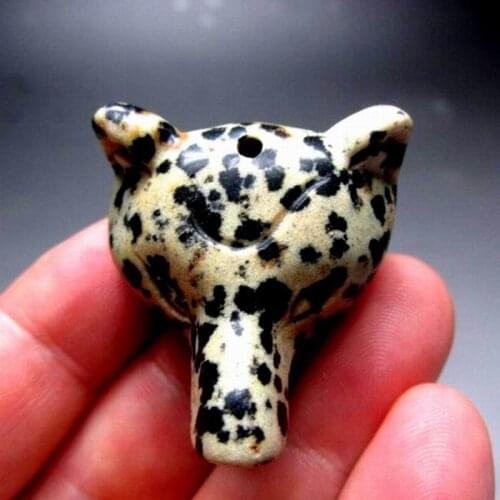 1.5"/28g Dalmatian Wolf Head w/ Hole Handmade Stone Carving - crystals and stones healing Mineral specimen Home Decor feng shui