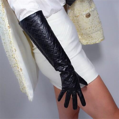 2020 Long Gloves 50cm Wide Cuff Simulation Leather Black Male Female Quilted Rhombus Warm Thick Lined Leather Gloves PU179