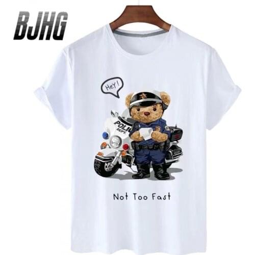 100% Cotton Motorcycle Police Bear Short-sleeved T-shirt Female Half-sleeved 2021 Summer Casual Oversized T-shirt Male Shirt 4XL