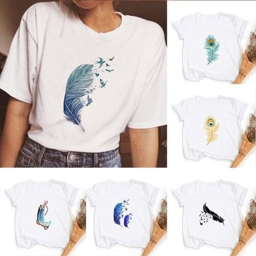 T-shirts Tops for Women Watercolor Feather Bird Cartoon 90s Casual Printed Womens Graphic Tees Shirt Lady Female T-Shirt Tumblr