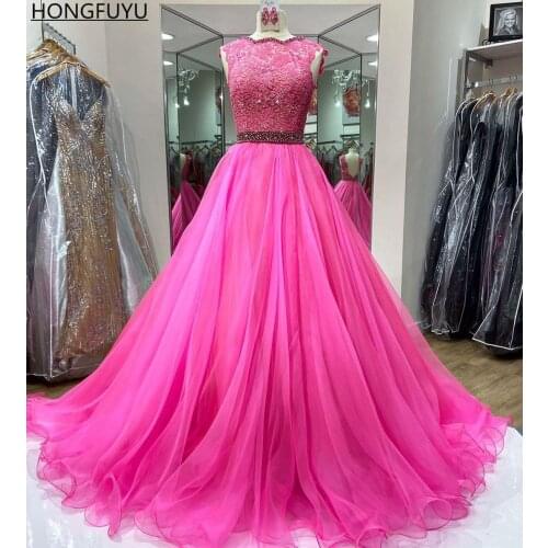 HONGFUYU Elegant abendkleider A Line Tulle Prom Dresses with Crystals Beading Party Gowns vestido de festa gala Evening Dress