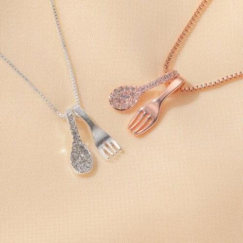 Crystal Fork Spoon Necklace For Women Who Love To Eat Rose Gold Silver Color Necklaces & Pendants Creative Necklace Jewelry A131