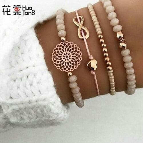 HuaTang 4Pcs/Set Boho Crystal Bow Heart Hand Chain Bracelets Set for Women Hollow Flower Adjustable Beaded Bracelets Bangle 4019