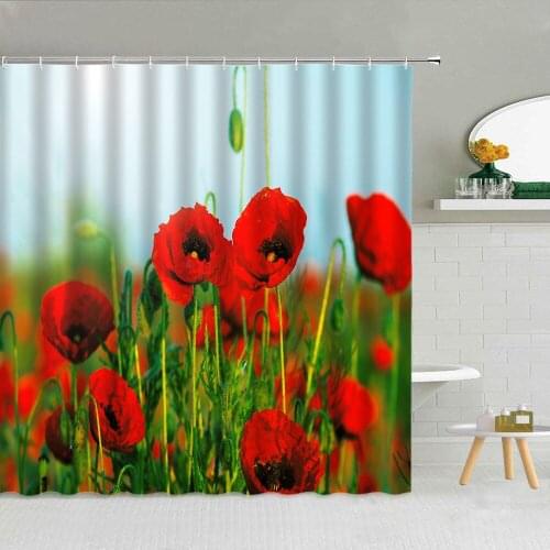 Poppy Flower Green Leaves Shower Curtain Spring Floral Scenery Bathroom Decor Bath Screen Waterproof Cloth Hooks Curtains Set