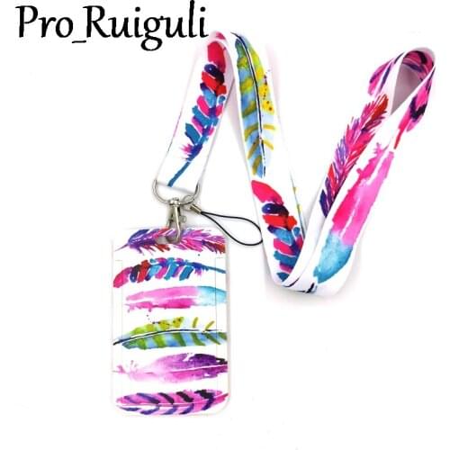Colorful Feathers Creative Lanyard Card Holder Student Hanging Neck Phone Lanyard Badge Subway Access Card Holder Accessories