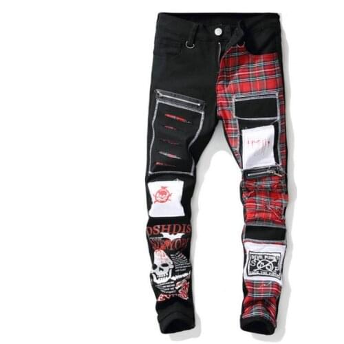 Mens Skull Print Plaid Patchwork Jeans Ripped Ripped Denim Pants Vintage Full Length Black Hole Trendy Patches Male Jeans J2972