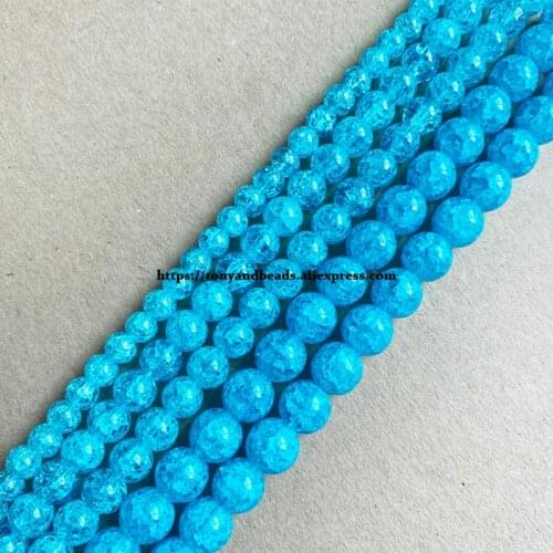 Natural Stone Blue Zircon Color Dyed Snow Cracked Crystal Round Loose Beads 15" 4 6 8 10 12MM Pick Size For Jewelry Making DIY