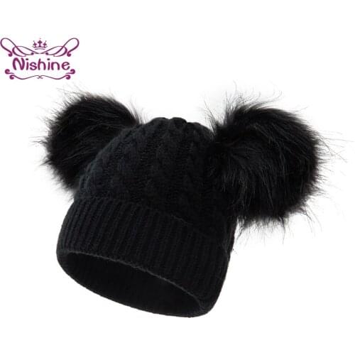 Nishine Newborn Double Pompom Hat Knitted Cotton Baby Girl Caps Warm Infant Beanie Bonnet Clothing Accessories Christmas Gift