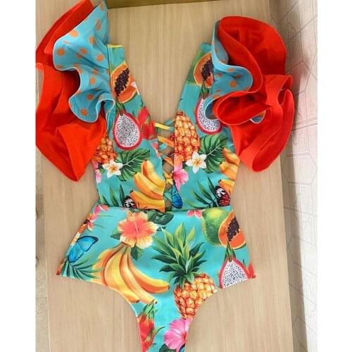 2021 New Sexy V-Neck Lace One Piece Swimsuit Ruffle Swimwear Women Bandage Bathing Suit Beachwear Print Monokini Swim