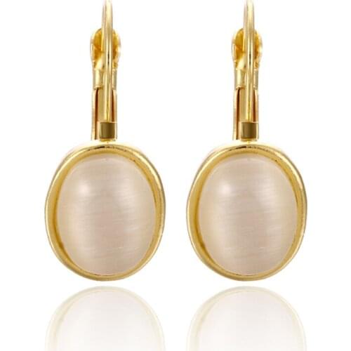Light Yellow Gold Color Alloy Oval Shape Cat Eye Stone Drop Earrings for Party Gift Jewelry