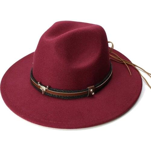 LUCKYLIANJI Retro Kid Child Vintage 100% Wool Wide Brim Cap Fedora Panama Jazz Bowler Hat Bull Head Leather Band (54cm/Adjust)