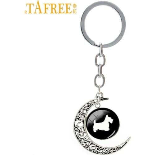 TAFREE Cute lovely Christmas New Year gifts key chain ring vintage Scottish Terrier pet dog lovers jewelry moon keychain T504
