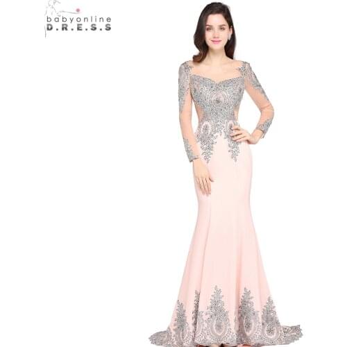 Vestido de Festa Sexy Sheer Back Sliver Beaded Lace Pink Mermaid Evening Dress Long Sleeve Evening Gown Robe de Soiree