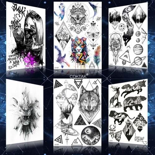 Fake Black Triangle Wolf Hill Flash Tiger Temporary Tattoos Women Waterproof Arm Tattoo Stickers Men Water Transfer Tatoo Paper
