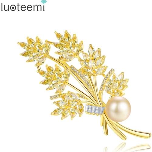LUOTEEMI Pearl Fower Brooches for Women Fashion Jewelry CZ Brooch Pin Fashion Dress Coat Accessories Cute Jewelry Christmas Gift