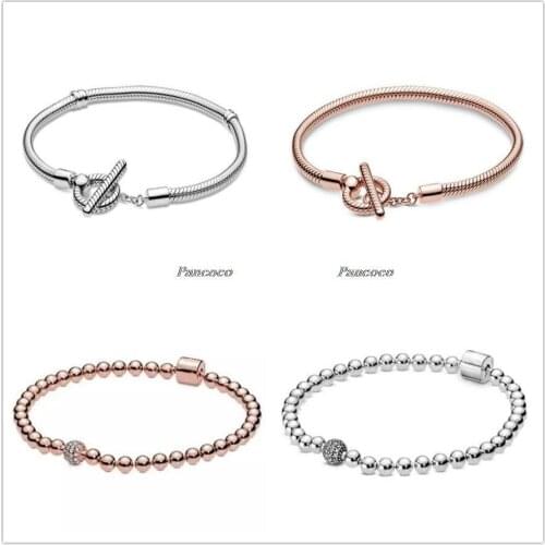 Authentic 925 Sterling Silver Rose Gold Beads & Pave Crystal Sliding Bracelet Bangle Fit Women Bead Charm Pandora Jewelry