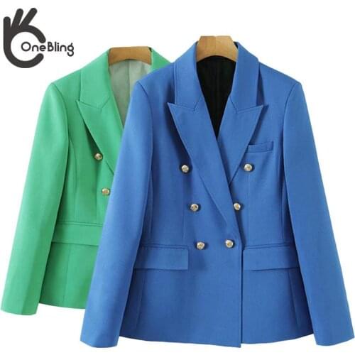 OneBling Za Woman 2021 Autumn Traf Casual Blazers Notched Collar Flap Pockets Double Breasted Green Suit Jacket Female Coats