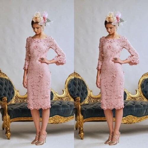 Elegant Pink Mother Of The Bride Dresses Jewel Neck Floral Flowers Sheath Wedding Guest Gowns 3/4 Long Sleeves Lace Formal Dress