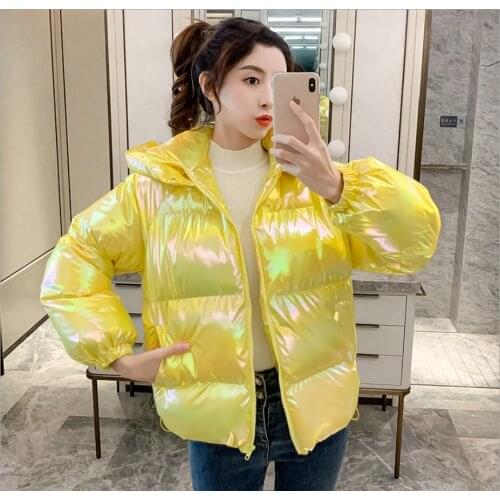 Winter Thick Down Coat Yellow Pink Women Short Parka Fashion Shiny Hooded White Duck Puffer Jacket Female Loose Warm Overcoat