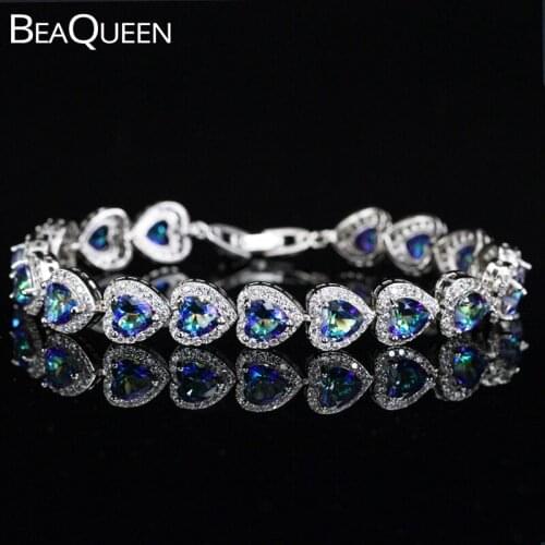 BeaQueen Romantic Heart Shape Green Blue Multicolor Cubic Zirconia Mystic Rainbow Crystal Bracelet Women Jewelry for Gift B142