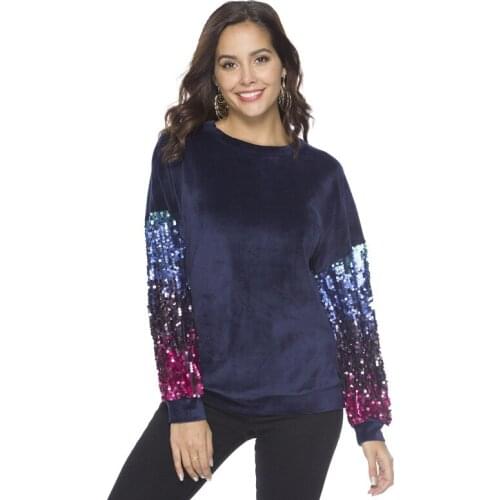 Blue Highstreet Sequin Color Block Long Length Raglan Sleeve Streetwear Sweatshirt 2019 Autumn Casual Women Sweatshirts