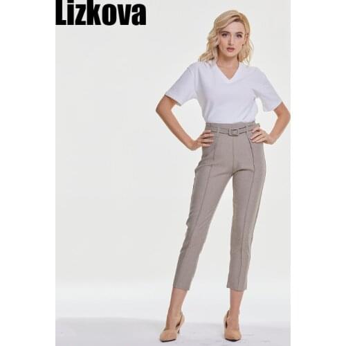 Lizkova Plaid Formal Pants Women High Waist Ankle-Length Trousers with Belt Spring 2021 Korean Femme Pantalon LP001