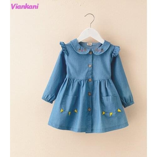 Denim Embroidery Girl Dresses Spring New Design Turn-Down Collar Long-Sleeved Slim Children Clothing 2021 New Kawaii Dress 1-5T