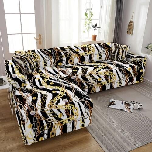 Elastic L Shape Sofa Cover Golden Chains Baroque Elements Leopard Stretch Non-slip Combination Slipcover For Living Room Decor