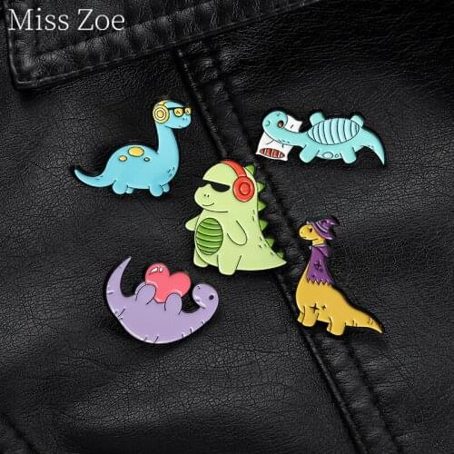 Cartoon Leisurely Dinosaur Family Enamel Pin Metal Little Baby Brooch Sunglasses Headset Animal Badges Accessories For Women Kid