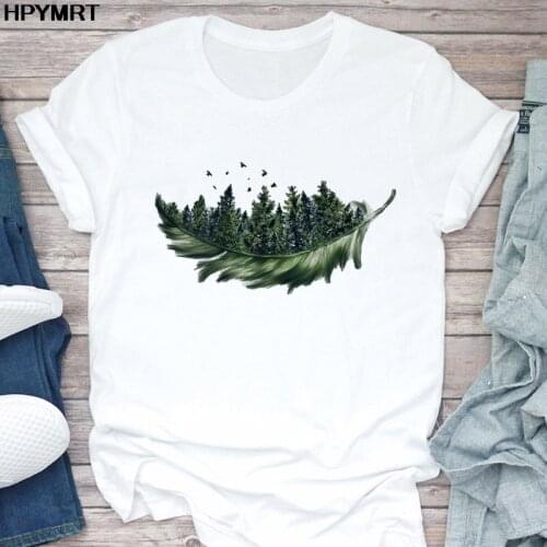 New Summer Women Tshirt Feather Bird Print Short Sleeve T shirt Fashion Female Tee Top Ladies Harajuku Graphic T-shirt Clothing