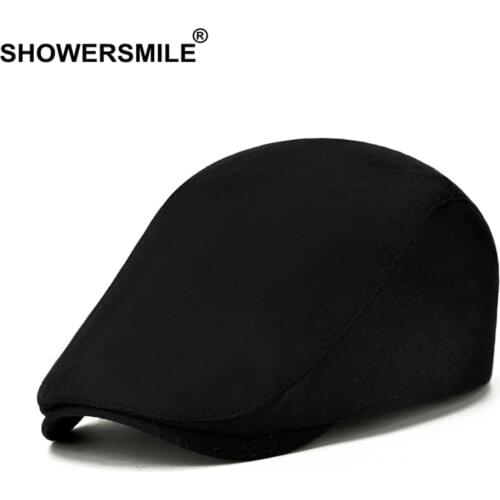 SHOWERSMILE Solid Black Spring Summer Flat Cap for Men Cotton British Style Casual Beret Retro Adjustable Mens Ivy Hats