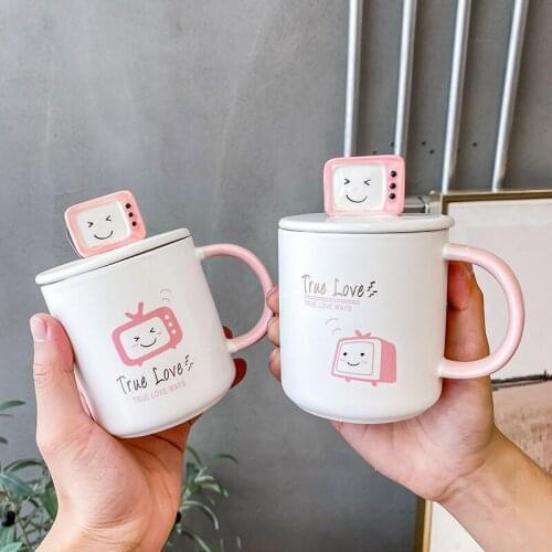Cartoon Cute Ceramic Mug 350ml Milk Coffee Cup With Spoon And Lid Creative Ceramic mug For children couple office Lovers Gifts