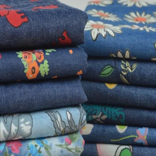 Summer Thin Non Elastic Blended Printed Denim Fabric for Quilting Sewing Clothes Skirt per Half Meter