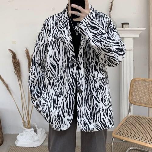 2021 Mens Zebra Pattern Suit Jackets Trend Streetwear Coats Casual Blazers Hip-hop Loose Outerwear Western-style Clothes